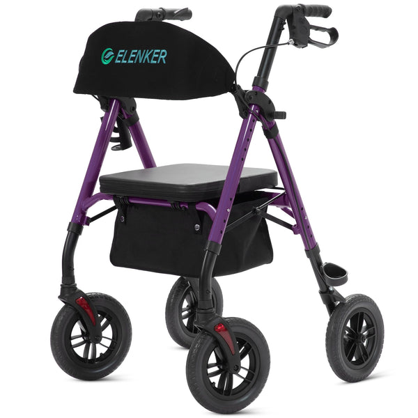 ELENKER®  KLD-9218-10 All-Terrain Rollator Walker with 10” Non-Pneumatic Wheels, Sponge Padded Seat and Backrest, Fully Adjustment Frame for Seniors Purple