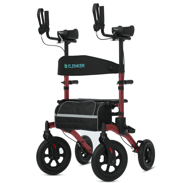 ELENKER ® HFK-9240-2 All-Terrain Upright Rollator Walker, Stand up Rolling Walker with Seat, 12” Non-Pneumatic Wheels, Compact Folding Design for Seniors Red