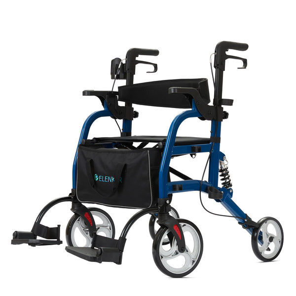 HFK-9294  ELENKER® 2 in 1 Rollator Walker & Transport Chair for Seniors Folding Rolling Walker Wheelchair Combo with Wide Seat and Shock Absorber Blue