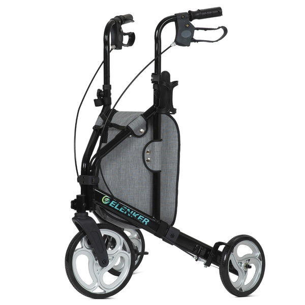 ELENKER YF-9006 3 Wheel Rollator Walker for Seniors, Three Wheeled Mobility Aid with 10” Wheels and Zipper Storage Pouch, Foldable, Narrow for Small & Tight Spaces Black