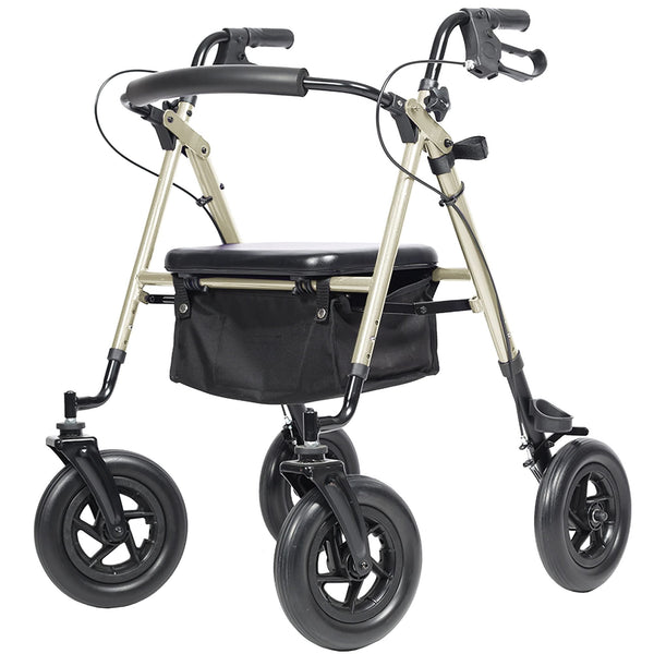 ELENKER ® HFK-9236D4 All-Terrain Rollator Walker with 10” Rubber Wheels, Padded Seat & Backrest, Under-seat Basket for Seniors Champagne