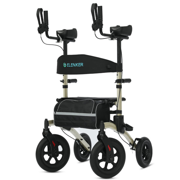 ELENKER ® HFK-9240-2 All-Terrain Upright Rollator Walker, Stand up Rolling Walker with Seat, 12” Non-Pneumatic Wheels, Compact Folding Design for Seniors Champagne