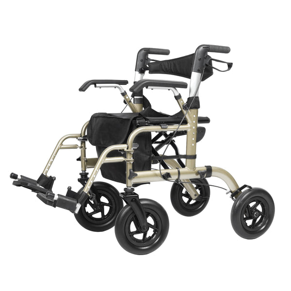 Elenker® HFK-9213-5 All-Terrain 2 in 1 Rollator Walker & Transport Chair, Folding Wheelchair with All 10” Wheels for Seniors, Reversible Backrest & Detachable Footrests Champagne