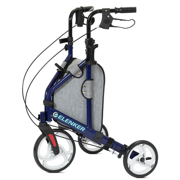 ELENKER YF-9006 3 Wheel Rollator Walker for Seniors, Three Wheeled Mobility Aid with 10” Wheels and Zipper Storage Pouch, Foldable, Narrow for Small & Tight Spaces Blue