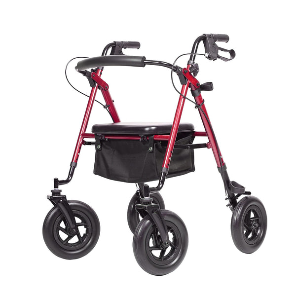 ELENKER ® HFK-9236D4 All-Terrain Rollator Walker with 10” Rubber Wheels, Padded Seat & Backrest, Under-seat Basket for Seniors Red