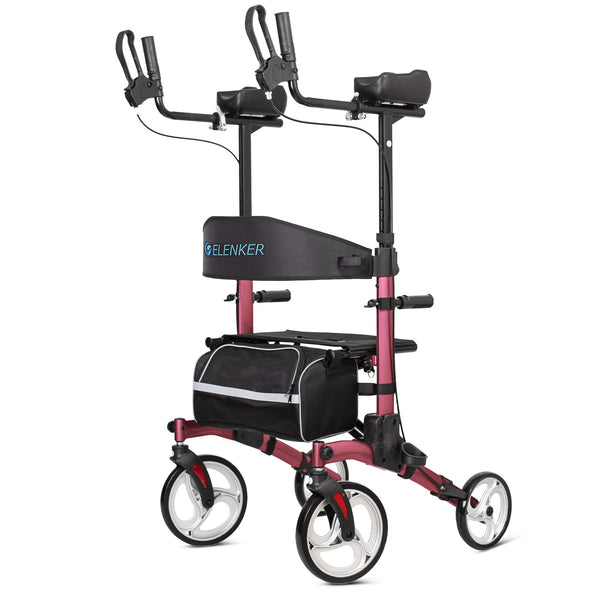 HFK-9240 ELENKER® Upright Walker, Stand Up Folding Rollator Walker with 10” Front Wheels Backrest Seat and Padded Armrests for Seniors and Adults Bright red Refurbished