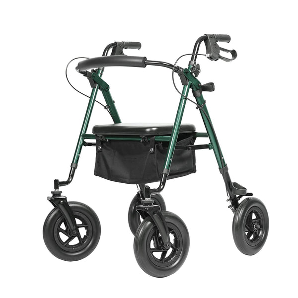 ELENKER ® HFK-9236D4 All-Terrain Rollator Walker with 10” Rubber Wheels, Padded Seat & Backrest, Under-seat Basket for Seniors Green