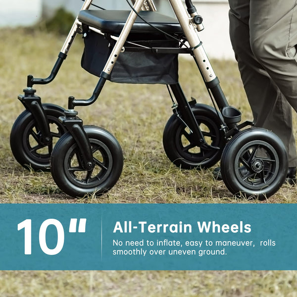 HFK-9236T4 ELENKER® Upright Rollator Walker, Stand Up Rolling Walker with 10’’Big PU Wheels and Adjustable Padded Armrests for Seniors from 4’8”to 6'4” Champagne