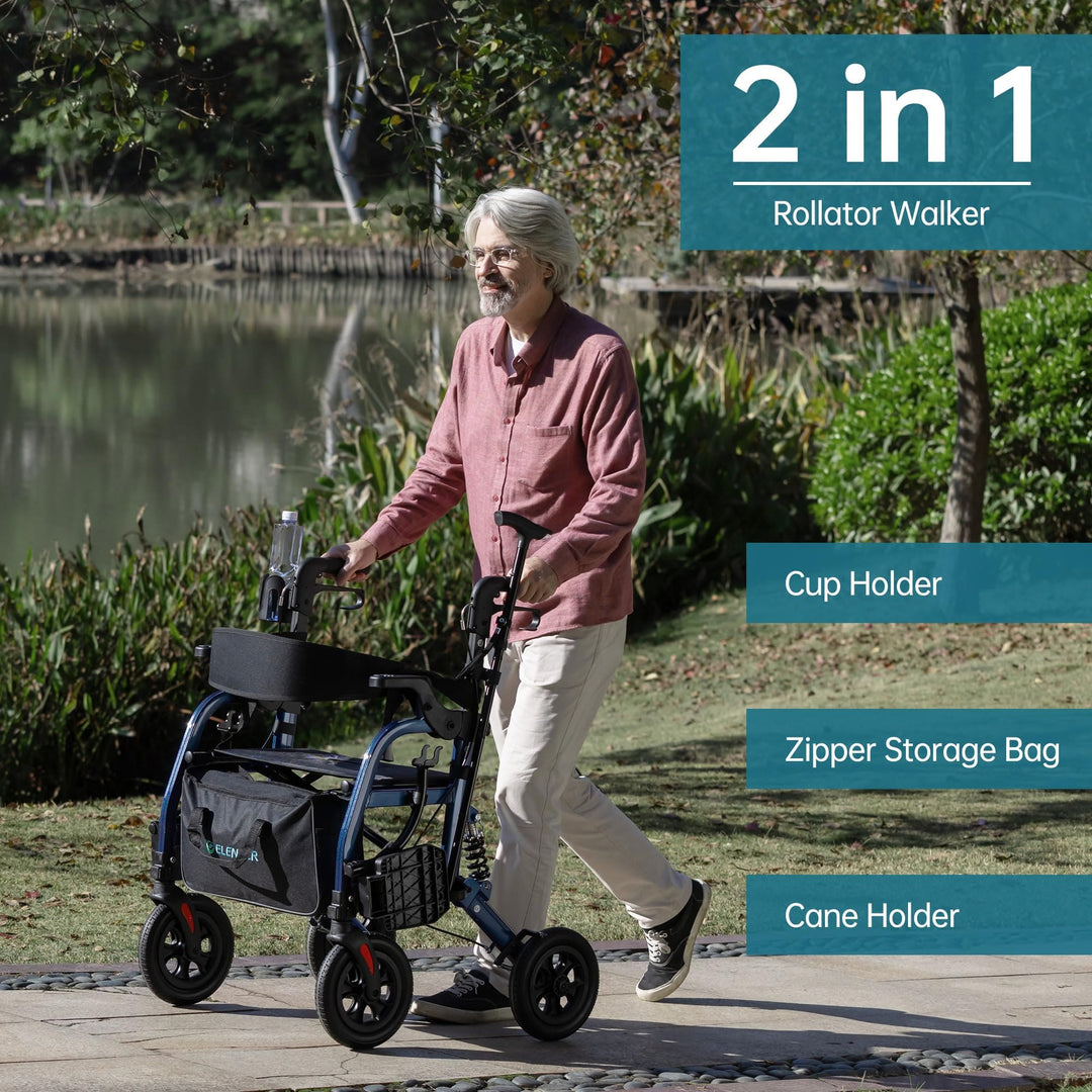 Elenker 2-in-1 Rollator Walker Transport Chair Combo with 10” Wheels