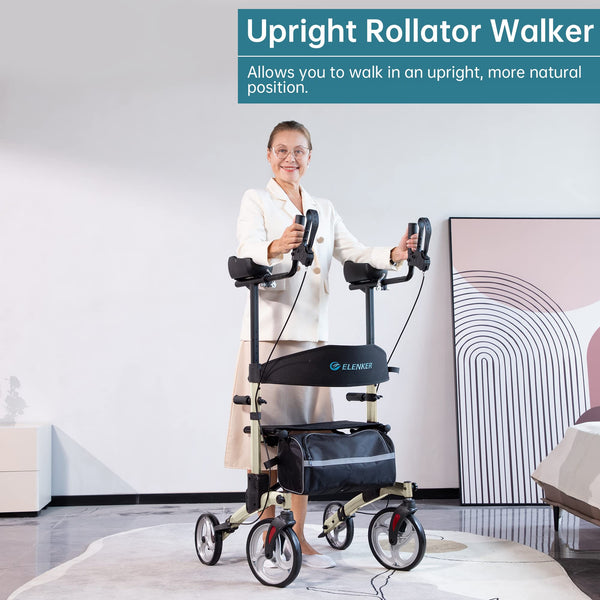 HFK-9240 ELENKER® Upright Walker, Stand Up Folding Rollator Walker with 10” Front Wheels Backrest Seat and Padded Armrests for Seniors and Adults champagne