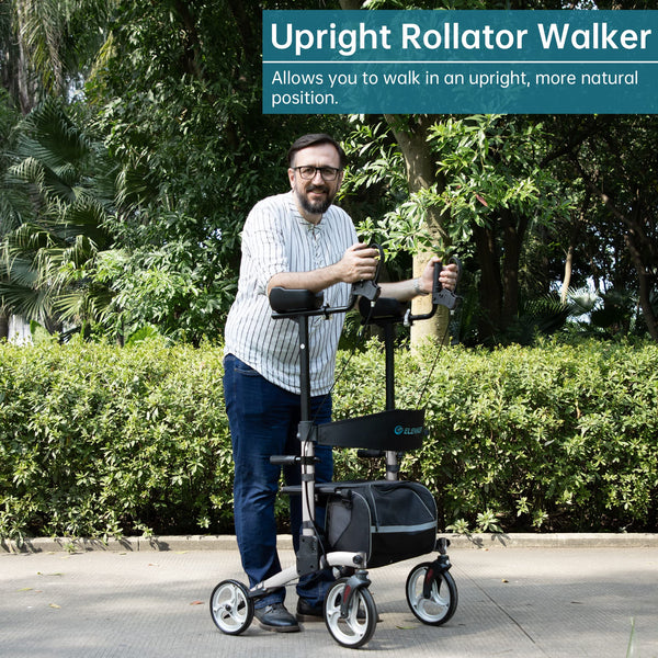 HFK-9240  ELENKER® Upright Walker, Stand Up Folding Rollator Walker with 10” Front Wheels Backrest Seat and Padded Armrests for Seniors and Adults Silver Refurbished