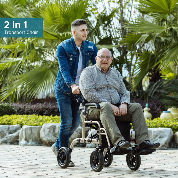 ELENKER All-Terrain 2 in 1 Rollator Walker & Transport Chair, Folding Wheelchair with All 10” Wheels for Seniors, Reversible Backrest & Detachable Footrests NEW