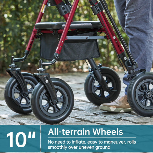 HFK-9236T4 ELENKER® Upright Rollator Walker, Stand Up Rolling Walker with 10’’Big PU Wheels and Adjustable Padded Armrests for Seniors from 4’8”to 6'4” Red