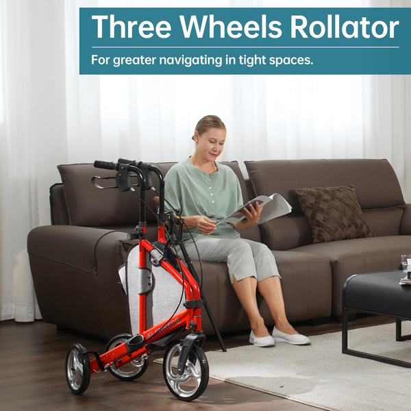ELENKER YF-9006 3 Wheel Rollator Walker for Seniors, Three Wheeled Mobility Aid with 10” Wheels and Zipper Storage Pouch, Foldable, Narrow for Small & Tight Spaces Red