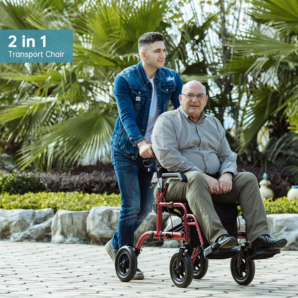 Elenker® HFK-9213-5 All-Terrain 2 in 1 Rollator Walker & Transport Chair, Folding Wheelchair with All 10” Wheels for Seniors, Reversible Backrest & Detachable Footrests Red