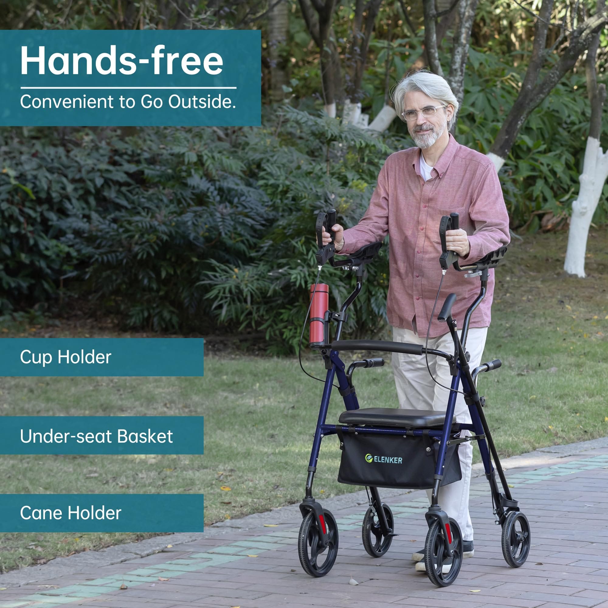 ELENKER YF-9008C Upright Rollator Walker, Stand Up Walkers for Seniors with Armrest, Front Pouch, 10”Wheels, Sponge Padded Seat and Backrest, Fully Adjustment Frame, Blue