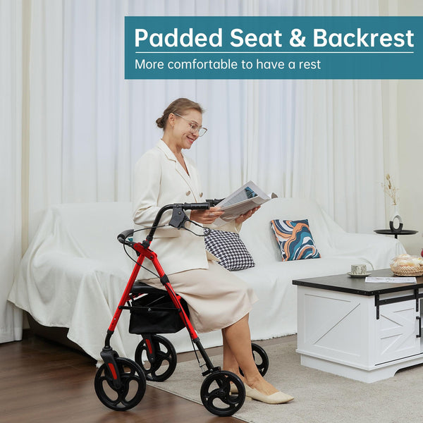 ELENKER ® YF-9007B Rollator Walker with 10” Wheels, Sponge Padded Seat and Backrest, Fully Adjustment Frame for Seniors Red