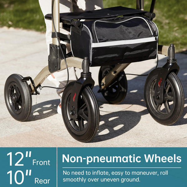 ELENKER ® HFK-9240-2 All-Terrain Upright Rollator Walker, Stand up Rolling Walker with Seat, 12” Non-Pneumatic Wheels, Compact Folding Design for Seniors Champagne