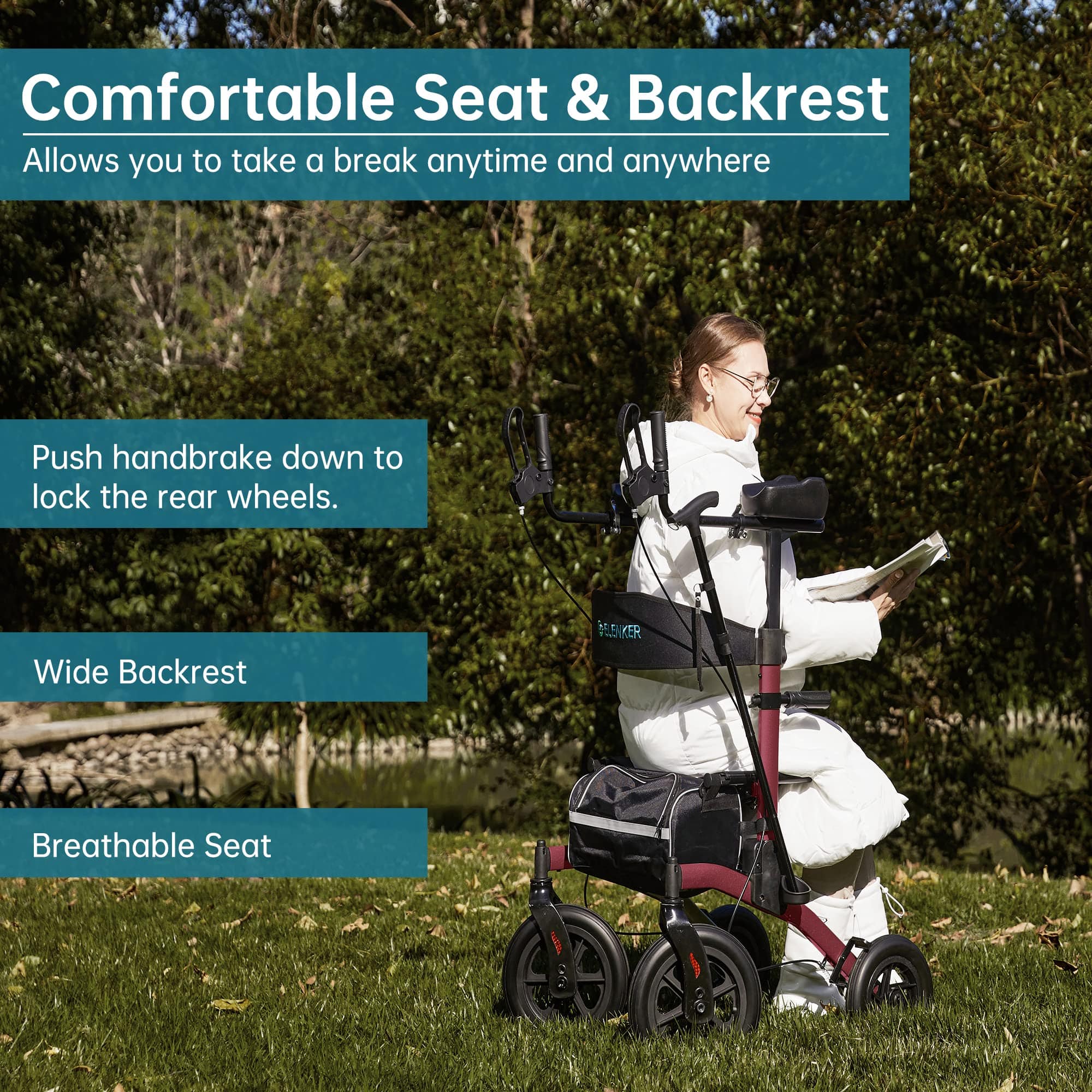 ELENKER ® HFK-9240-2 All-Terrain Upright Rollator Walker 12” Red