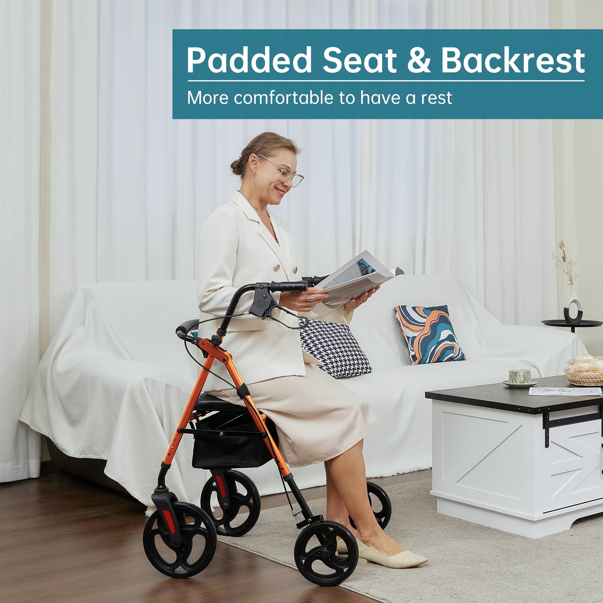 ELENKER ® YF-9007B Rollator Walker with 10” Wheels, Sponge Padded Seat and Backrest, Fully Adjustment Frame for Seniors Orange