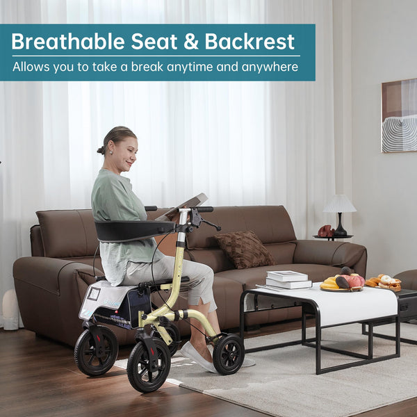 ELENKER ® HFK-9210KDB All-Terrain Rollator Walker with Seat, Outdoor Rolling Walker, 12” Non-Pneumatic Tire Front Wheels, Compact Folding Design for Seniors Champagne