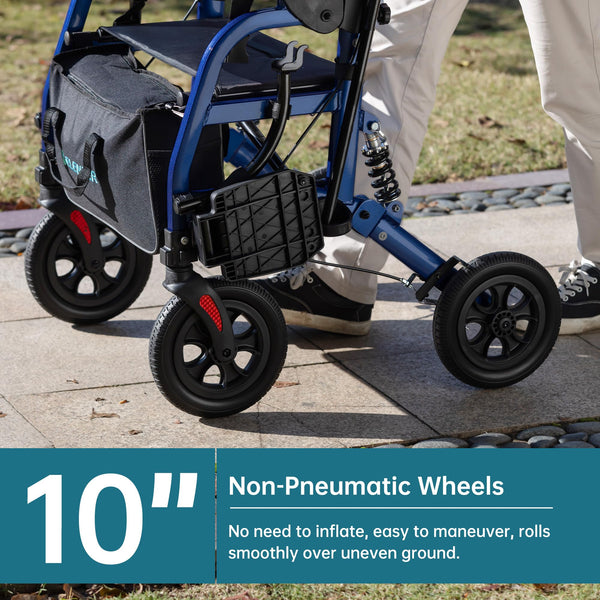 HFK-9294  ELENKER®  All-Terrain 2 in 1 Rollator Walker & Transport Chair for with 10” Non-Pneumatic Wheels Seniors, Folding Rolling Walker Wheelchair Combo with Wide Seat and Shock Absorber Blue
