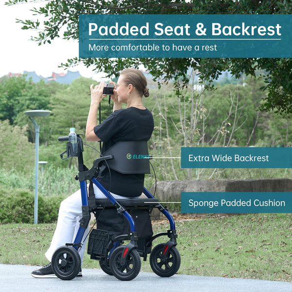 HFK-9269KD All Terrain Rollator Walker Transport Wheelchair Combo, 2 in 1 Rolling Walker with Padded Seat and Wide Backrest Blue