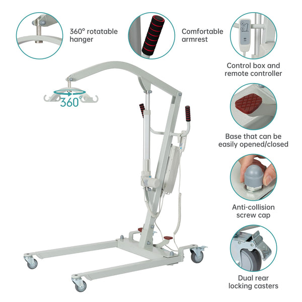 ELENKER® Electric Patient Lift, Electric Patient Lift for Home use or car Travel, Battery Powered with Low Base, 400lb Weight Capacity with Medium U-Sling.
