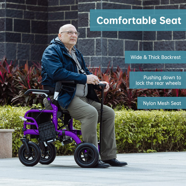 Elenker® HFK-9213-5 All-Terrain 2 in 1 Rollator Walker & Transport Chair, Folding Wheelchair with All 10” Wheels for Seniors, Reversible Backrest & Detachable Footrests Purple