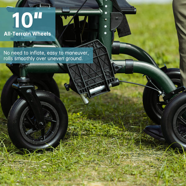 Elenker® HFK-9213-5 All-Terrain 2 in 1 Rollator Walker & Transport Chair, Folding Wheelchair with All 10” Wheels for Seniors, Reversible Backrest & Detachable Footrests Green