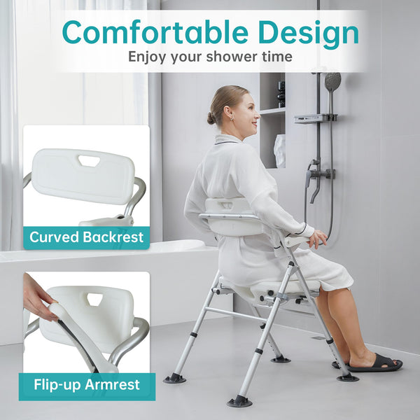 ELENKER® Folding Shower Chair, Fodable Shower Seat Bath Chair with Large Suction Cups and U-Shaped Seat for Easy Cleaning