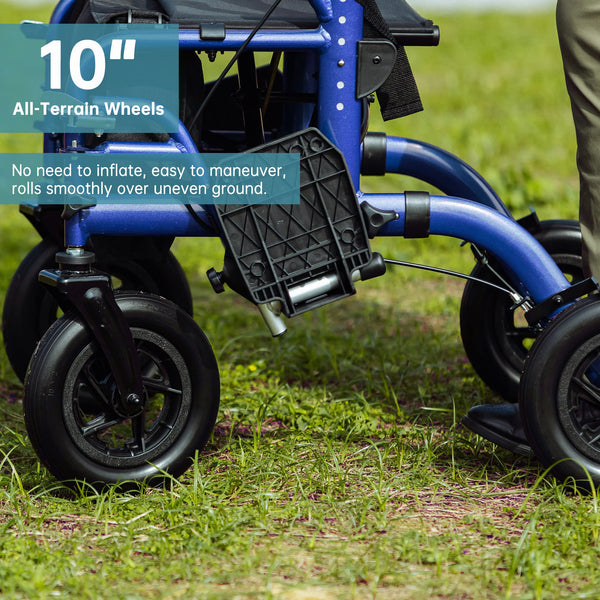 Elenker® HFK-9213-5 All-Terrain 2 in 1 Rollator Walker & Transport Chair, Folding Wheelchair with All 10” Wheels for Seniors, Reversible Backrest & Detachable Footrests Blue