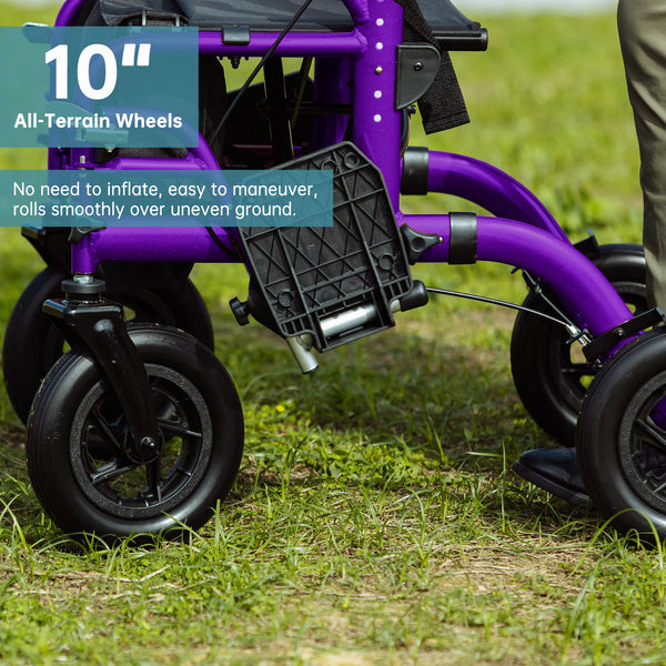 Elenker® HFK-9213-5 All-Terrain 2 in 1 Rollator Walker & Transport Chair, Folding Wheelchair with All 10” Wheels for Seniors, Reversible Backrest & Detachable Footrests Purple