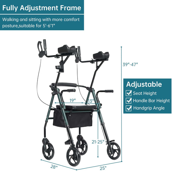 MT-8151 ELENKER® Upright Walker, Stand Up Rollator Walker with Padded Seat and Backrest, Compact Folding, Fully Adjustment Frame for Seniors Green