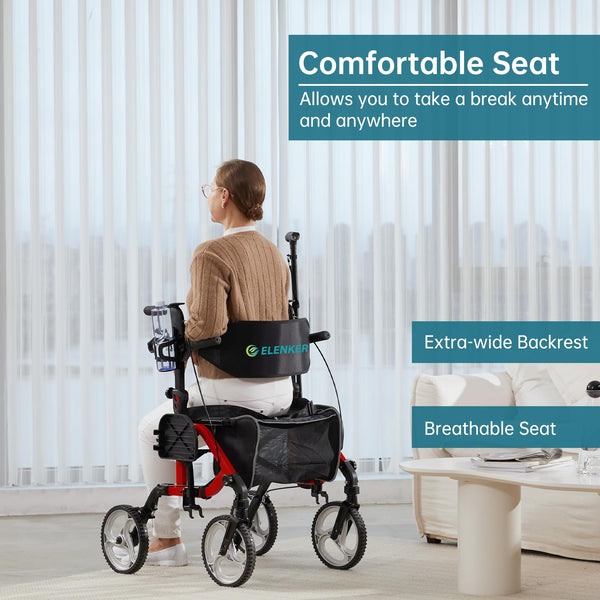 ELENKER® KLD-9224 2 in 1 Rollator Walker & Transport Chair, Folding Wheelchair with 10” Non-Slip Wheels for Seniors, Reversible Backrest & Detachable Footrests, red