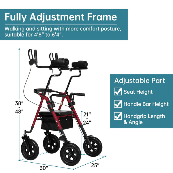 HFK-9236T4 ELENKER® Upright Rollator Walker, Stand Up Rolling Walker with 10’’Big PU Wheels and Adjustable Padded Armrests for Seniors from 4’8”to 6'4” Red Refurbished
