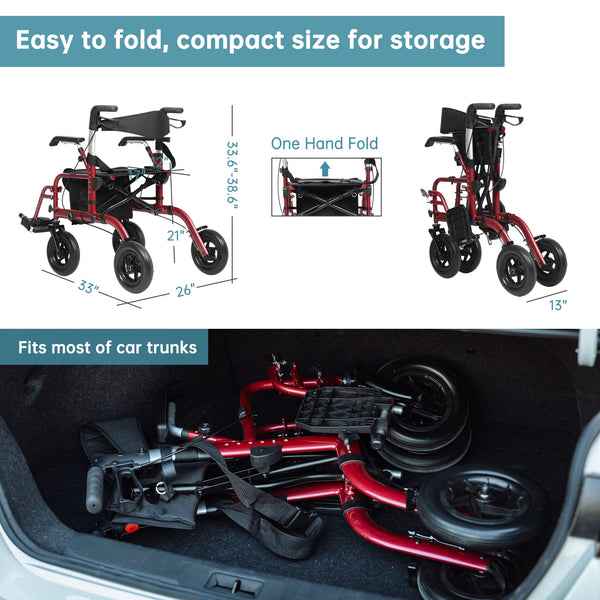 Elenker® HFK-9213-5 All-Terrain 2 in 1 Rollator Walker & Transport Chair, Folding Wheelchair with All 10” Wheels for Seniors, Reversible Backrest & Detachable Footrests Red