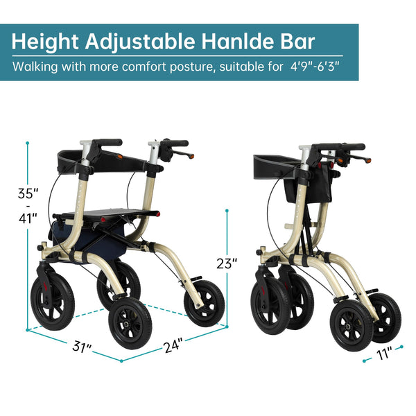 ELENKER ® HFK-9210KDB  All-Terrain Rollator Walker with Seat, Outdoor Rolling Walker, 12” Non-Pneumatic Tire Front Wheels, Compact Folding Design for Seniors Champagne