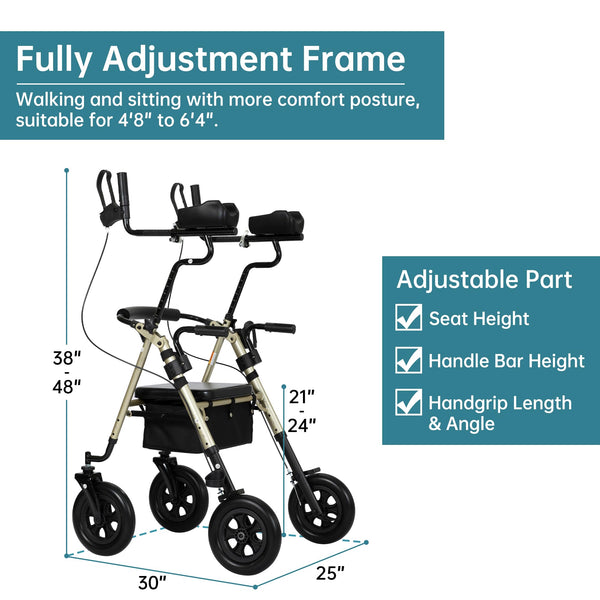HFK-9236T4 ELENKER® Upright Rollator Walker, Stand Up Rolling Walker with 10’’Big PU Wheels and Adjustable Padded Armrests for Seniors from 4’8”to 6'4” Champagne Refurbished