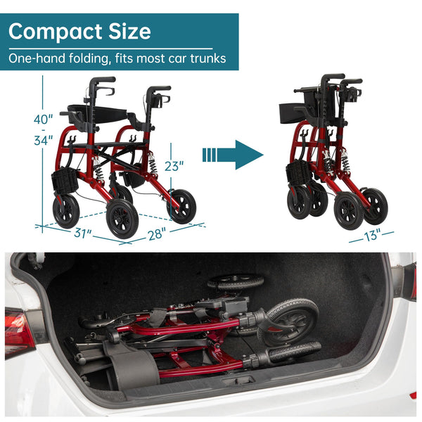 HFK-9294  ELENKER®  All-Terrain 2 in 1 Rollator Walker & Transport Chair for with 10” Non-Pneumatic Wheels Seniors, Folding Rolling Walker Wheelchair Combo with Wide Seat and Shock Absorber Red
