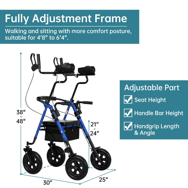 HFK-9236T4 ELENKER® Upright Rollator Walker, Stand Up Rolling Walker with 10’’Big PU Wheels and Adjustable Padded Armrests for Seniors from 4’8”to 6'4” Blue