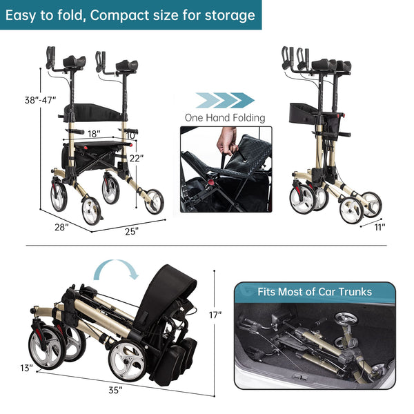 HFK-9240 ELENKER® Upright Walker, Stand Up Folding Rollator Walker with 10” Front Wheels Backrest Seat and Padded Armrests for Seniors and Adults champagne
