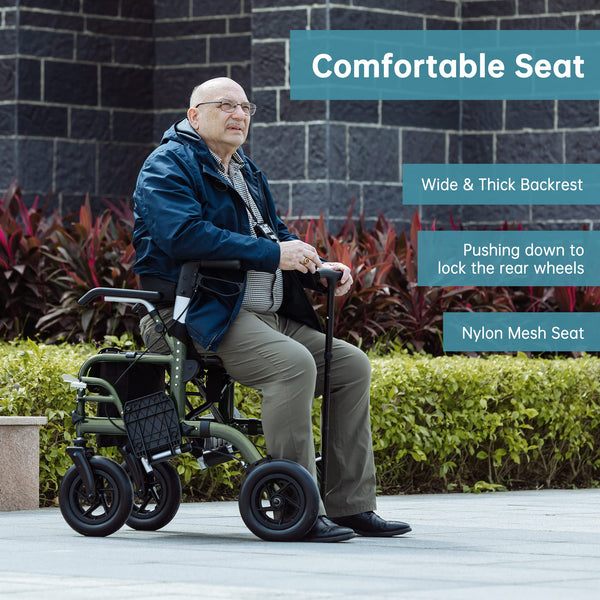 Elenker® HFK-9213-5 All-Terrain 2 in 1 Rollator Walker & Transport Chair, Folding Wheelchair with All 10” Wheels for Seniors, Reversible Backrest & Detachable Footrests Green