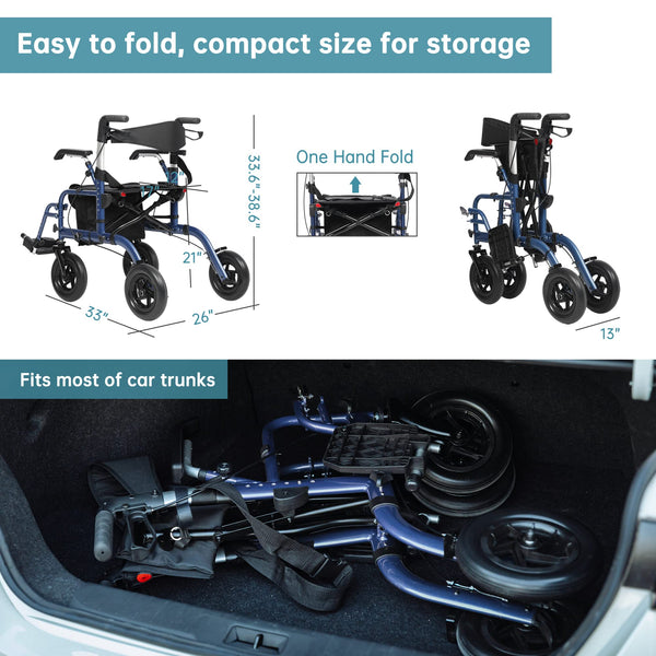 Elenker® HFK-9213-5 All-Terrain 2 in 1 Rollator Walker & Transport Chair, Folding Wheelchair with All 10” Wheels for Seniors, Reversible Backrest & Detachable Footrests Blue