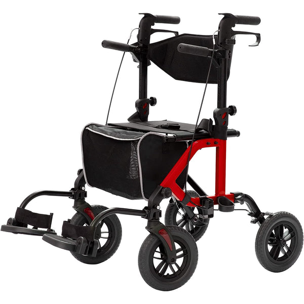 ELENKER® KLD-9224 All-Terrain 2 in 1 Rollator Walker & Transport Chair, Folding Wheelchair with 10in Non-Pneumatic Wheels for Seniors, Reversible Backrest & Detachable Footrests Red