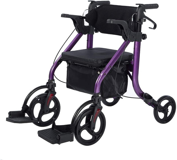 KLD-9269  ELENKER®  2 in 1 Rollator Walker & Transport Chair Folding Wheelchair Rolling Mobility Walking Aid with Seat Belt Padded Seat and Detachable Footrests for Adult Seniors Purple
