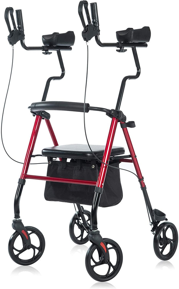 HFK-9236 ELENKER® Tall Upright Walker Forearm Rollator Walker Stand Up Rolling Walker with Padded Seat and Backrest for Seniors from 5’6” to 6’3” Red