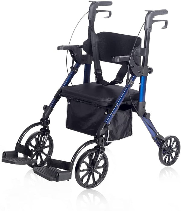 KLD-9269  ELENKER®  2 in 1 Rollator Walker & Transport Chair Folding Wheelchair Rolling Mobility Walking Aid with Seat Belt Padded Seat and Detachable Footrests for Adult Blue