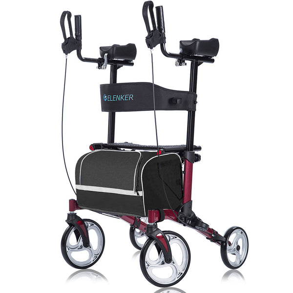 HFK-9223 ELENKER® Upright Walker Stand Up Folding Rollator Walker with 10” Front Wheels Backrest Seat and Padded Armrests for Seniors and Adults Wine red Refurbished