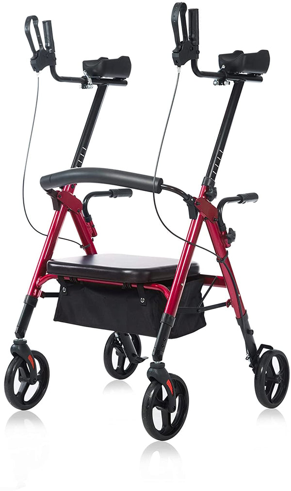 HFK-9219B PLUS ELENKER® Heavy Duty Upright Walker, Bariatric Stand Up Rollator Walker with Extra Wide Padded Seat & Backrest Red